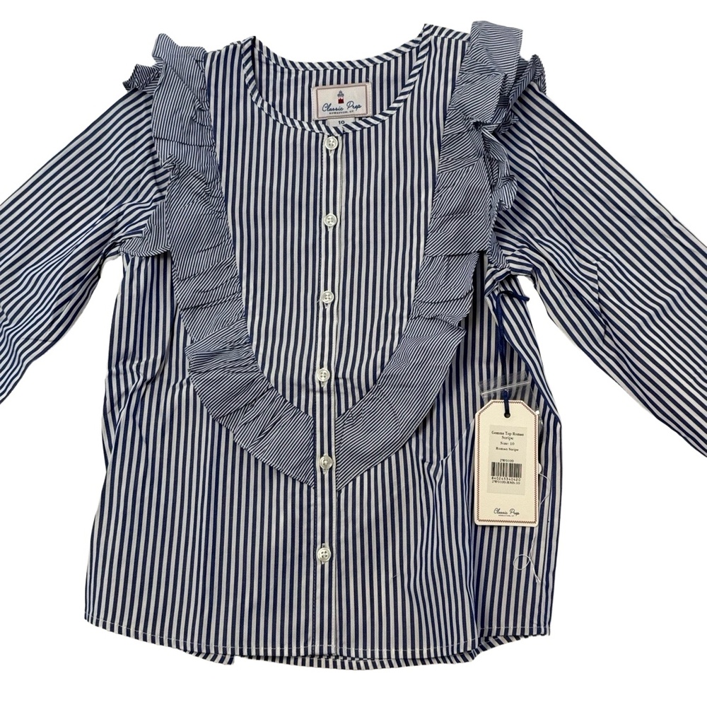 NWT Classic Prep Girls 10 Gemma Top Stripe Blue Ruffle Academia Normcore Coastal